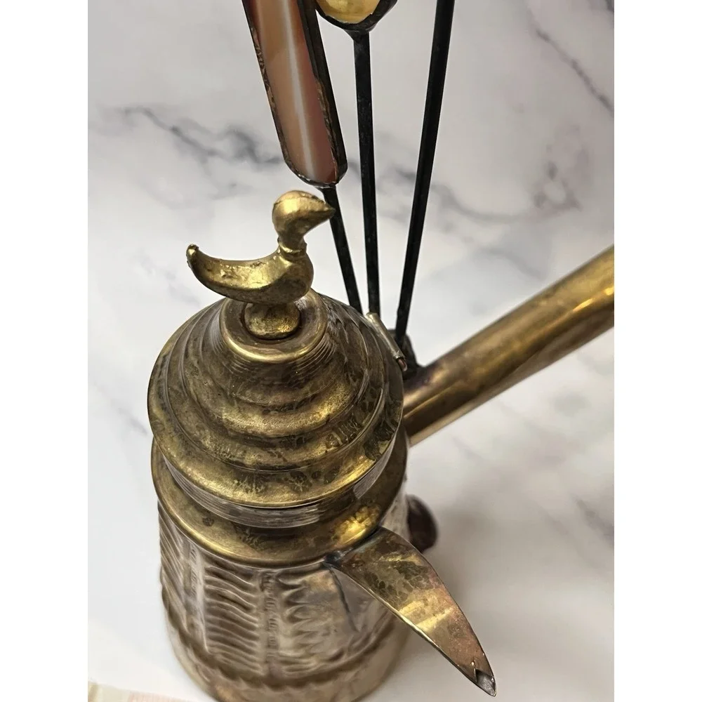 Vintage Brass Turkish Arabic Dallah Coffee Pot With Glass Embellishments Feather
